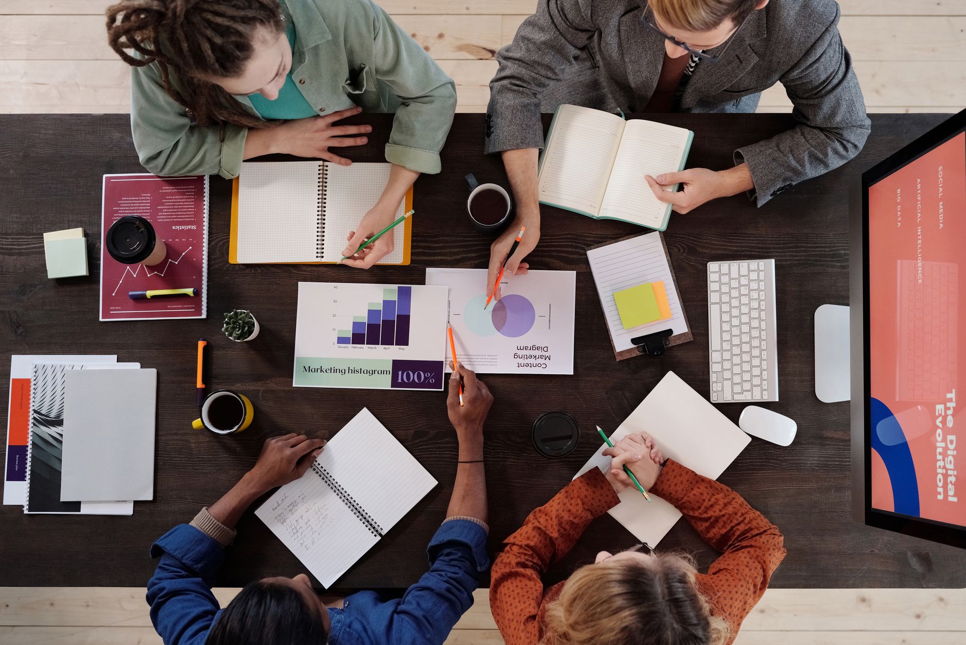 A photo of a corporate team meeting discussing climate change initiatives. — climate change debate