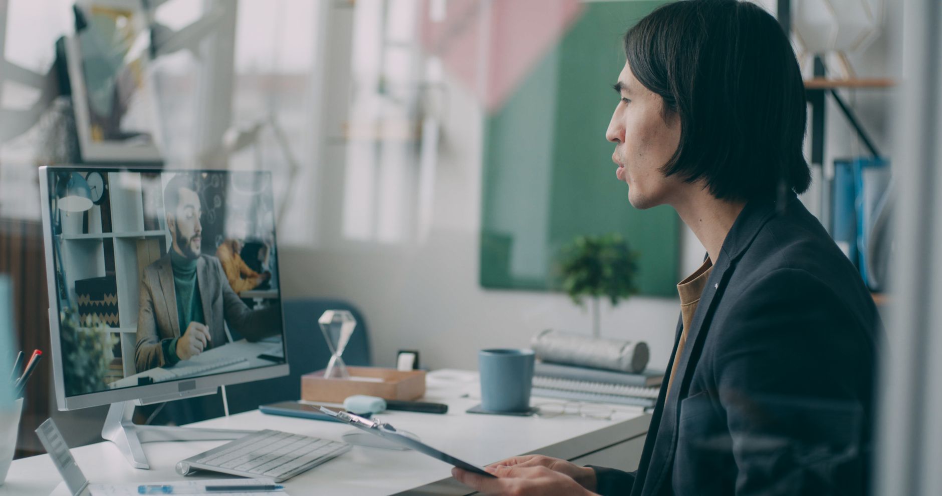 A split image showing a remote worker at home and an office environment to illustrate the remote work debate.