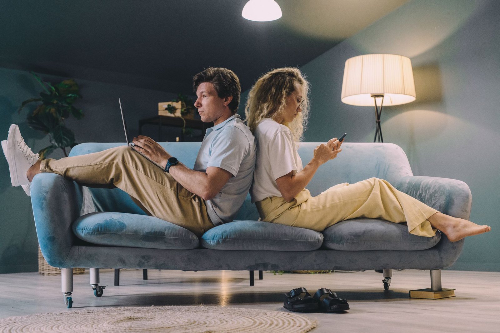 A cozy living room setting with a designated tech-free area, illustrating balance in technology use. — technology depend…