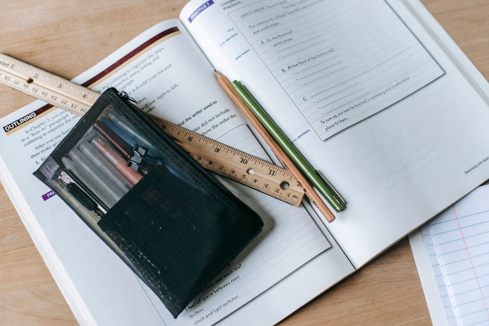 A well-organized debate preparation workspace with notes and materials.