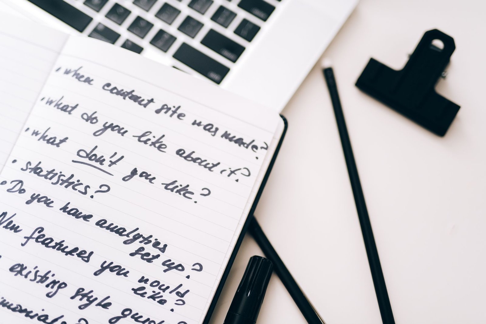 A close-up of a notebook with clever debate questions written down.