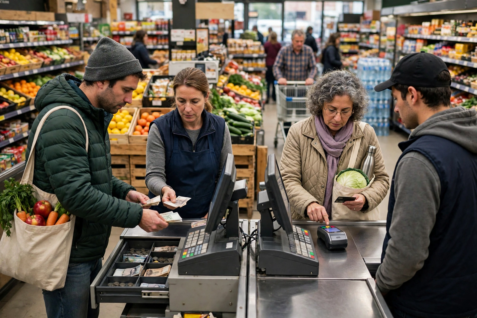 Grocery checkout with cash and card